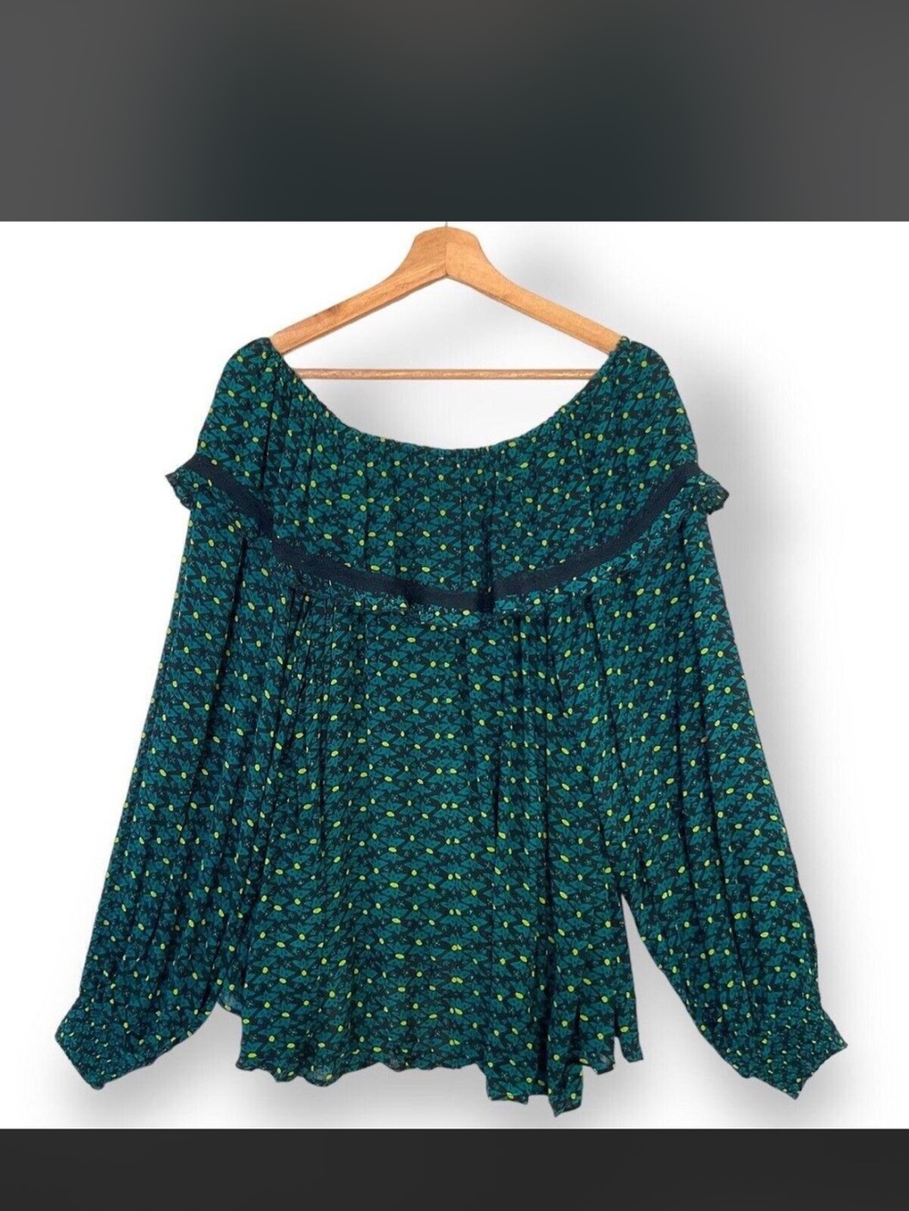 NWT Free People Black & Green Printed Button-Front Smocked Tunic - Picture 5 of 11